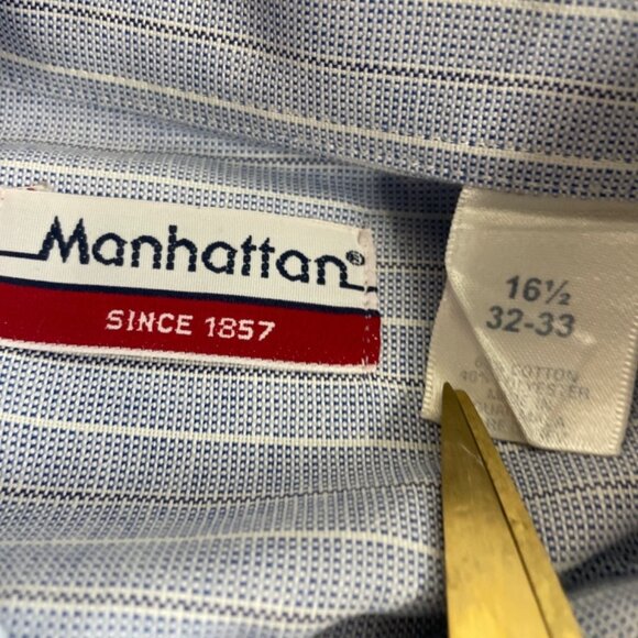 Manhattan Men's Blue and White Striped Long Sleeve Button Down Shirt Sz 32-33 - Picture 8 of 9